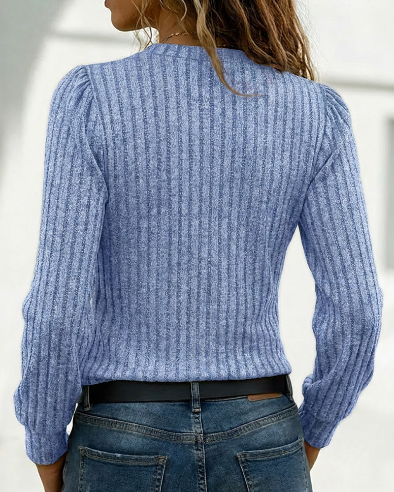 Button Decor Asymmetrical V-Neck Long Sleeve Ribbed Tee Casual Knit Brushed Top - Image 18