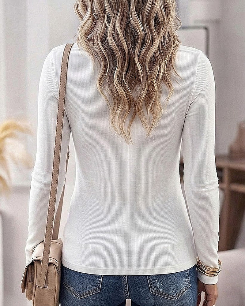 Women's Seam Front Knit T Shirt Slim Fit Crewneck Ribbed Top Long Sleeve Casual Layering Tee - Image 2