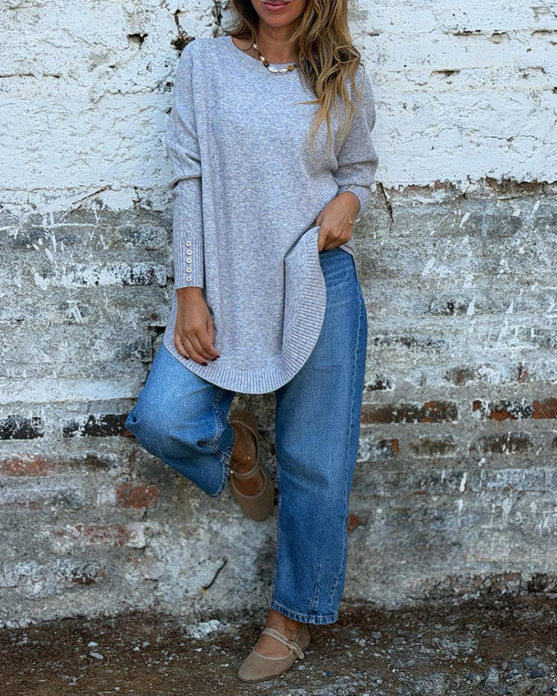 Women's Oversized Sweater Button Decor Crewneck Curved Hem Dropped Shoulder Loose Soft Pullover - Image 3