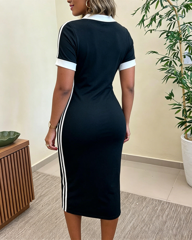 Women's Side Contrast Stripe V-Neck Dress Short Sleeve Slim Fit Casual Dress - Image 2