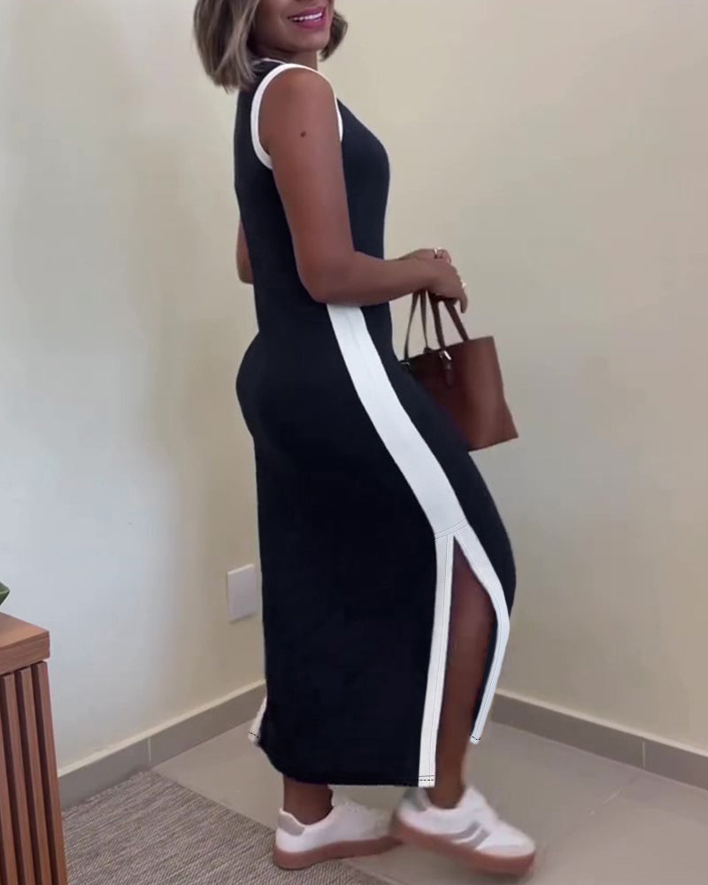 Women's Contrast Binding Tank Dress Slim Fit Sleeveless Maxi Dress Side Slit Casual Knit Sundress - Image 2