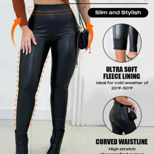 Chicme Curveease Pu Leather Leggings High Waist Curved Fleece Lined Tights Casual Pants