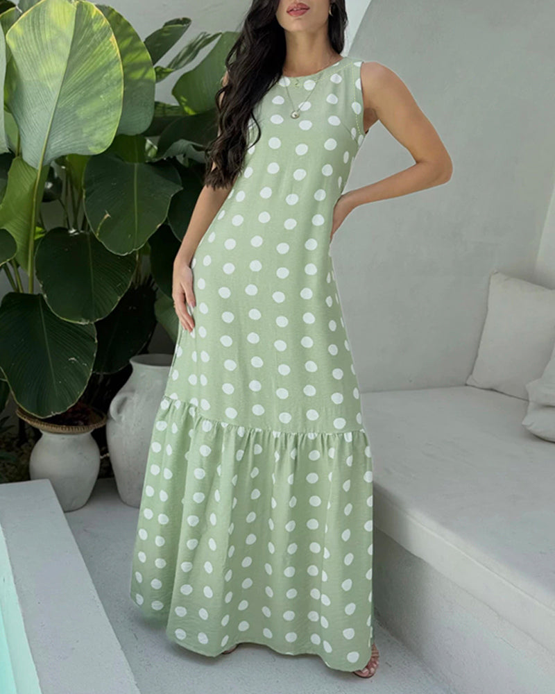 Women's Polka Dot Maxi Dress Casual Sleeveless Lace up Back Vacation Dress Elegant Ruffle Hem Loose A Line Long Sundress - Image 5
