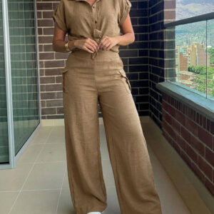 Women's 2 Piece Set Roll Up Sleeve Button Down Shirt and High Waist Wide Leg Pants