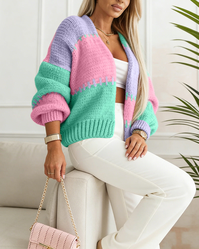 Women's Colorblock Knit Cardigan Chunky Knit Sweater Ribbed Trim Long Sleeve Casual Loose Knitwear - Image 4