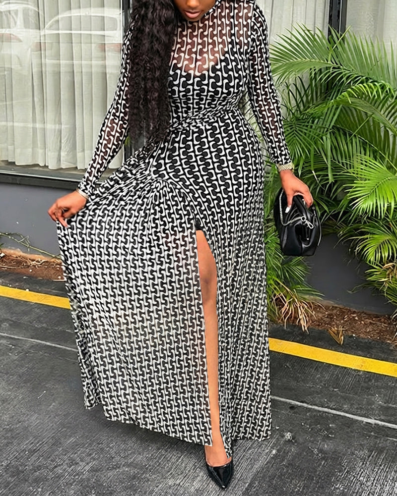 Geometric Print Long Sleeve Waist Tied Detail Maxi Dress Casual Slim Fit Slit Vacation Dress - Image 3