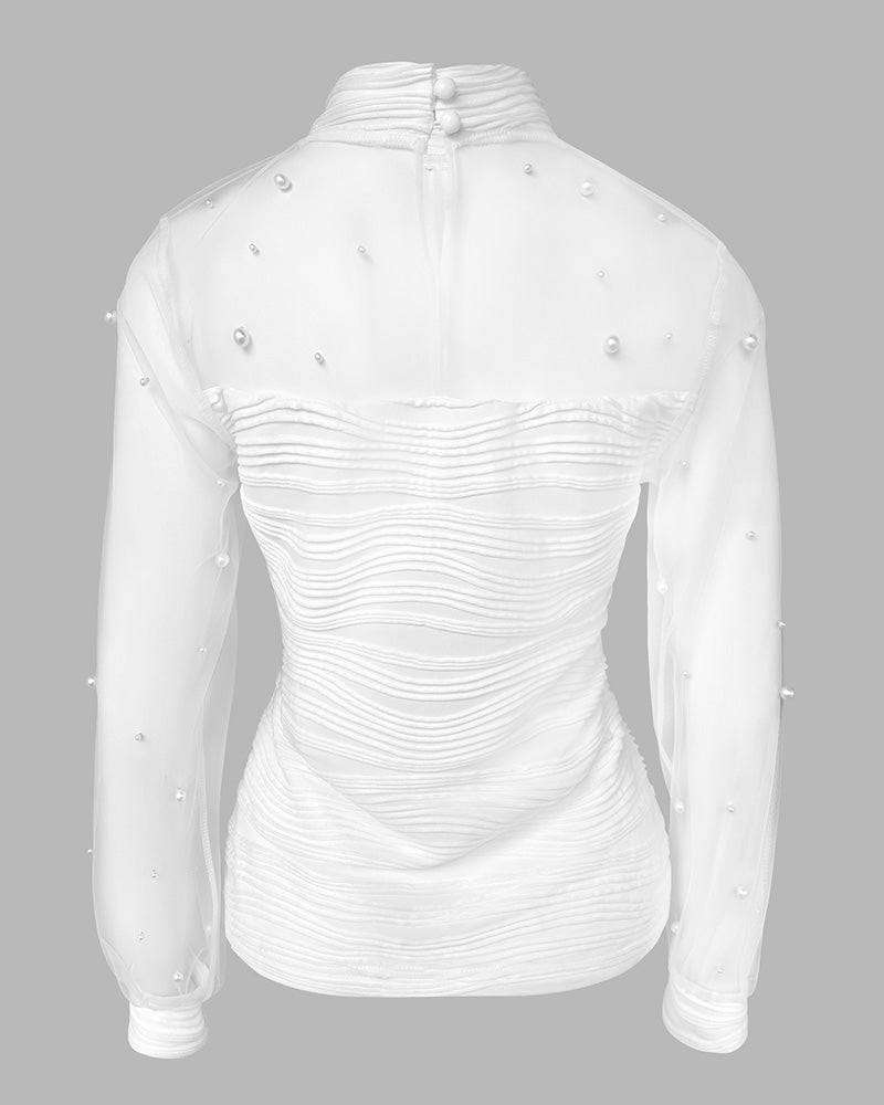 Pearls Decor Mock Neck Sheer Mesh Spliced Ruched Tee Hollow-out Back Slim Fit Textured Top - Image 6