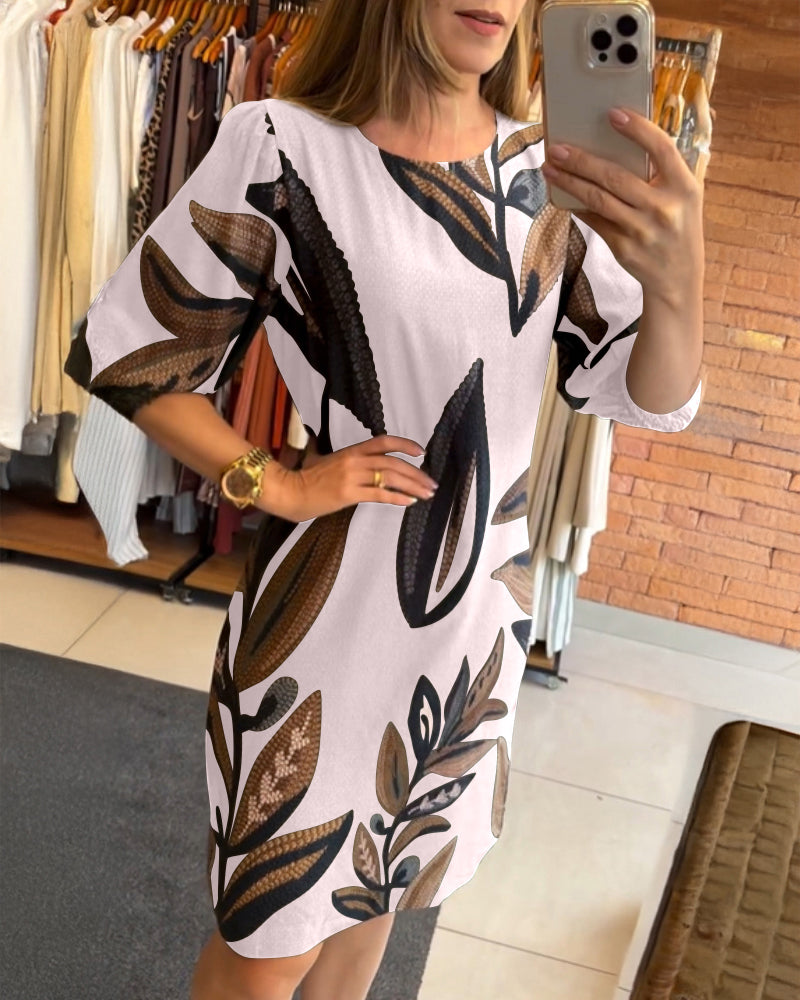 Plants Print Round Neck Half Sleeve Midi Dress - Image 16