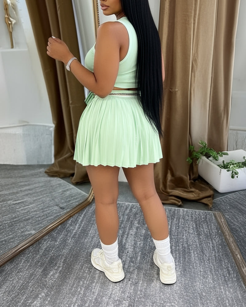 2 Pieces Outfit Round Neck Sleeveless Crop Tank Top and Elastic Waist Pleated Mini Skirt Set Casual Contrast Paneled Set - Image 12