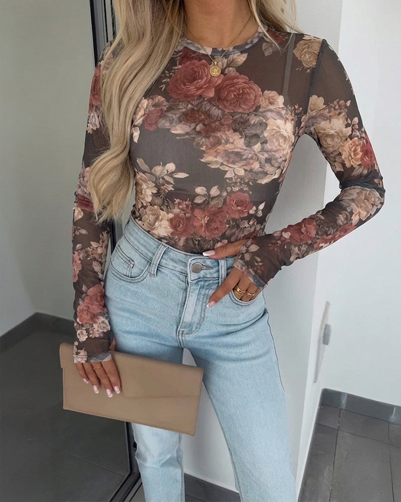 Women's Vintage Floral Print Sheer Mesh Top Long Sleeve Slim Fit Crewneck Layering Top with Thumb Hole Cuffs - Image 5