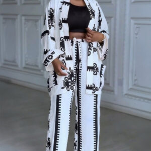 2 Pieces Outfit Open Front Long Sleeve Coat and Drawstring Elastic Waist Wide Leg Pants Set Casual Vintage Baroque Print Loose Fit Set without Tank Top