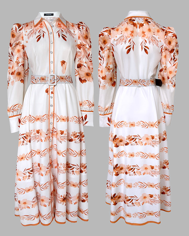 Floral Placement Print Turn-down Collar Puff Sleeve Vacation Dress Casual Button Down Shirt Dress With Belt and Lining - Image 3