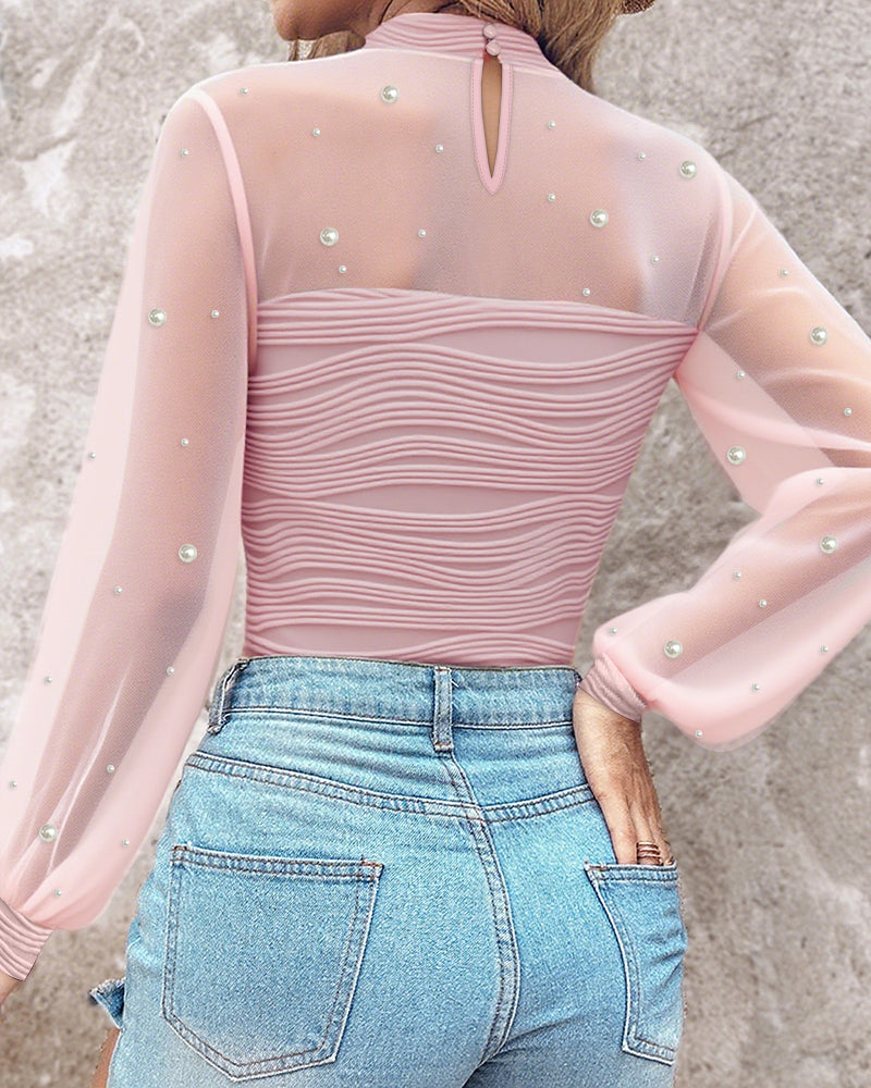 Pearls Decor Mock Neck Sheer Mesh Spliced Ruched Tee Hollow-out Back Slim Fit Textured Top - Image 17