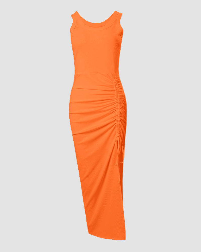 Side Slit Drawstring Ruched Bodycon Casual Sun Maxi Dresses Sleeveless Ribbed Tank Dress - Image 18