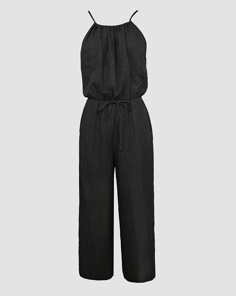 Womens Spaghetti Strap Drawstring Tied Waist Jumpsuit Casual Overalls - Image 10