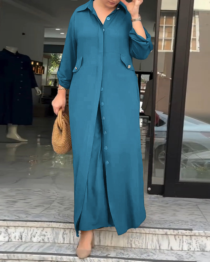 2 Pieces Outfit Turn-down Collar Turn-Up Sleeves Button Front Asymmetrical Hem Longline Blouse and Casual Elastic Waist Wide Leg Pants Set - Image 9