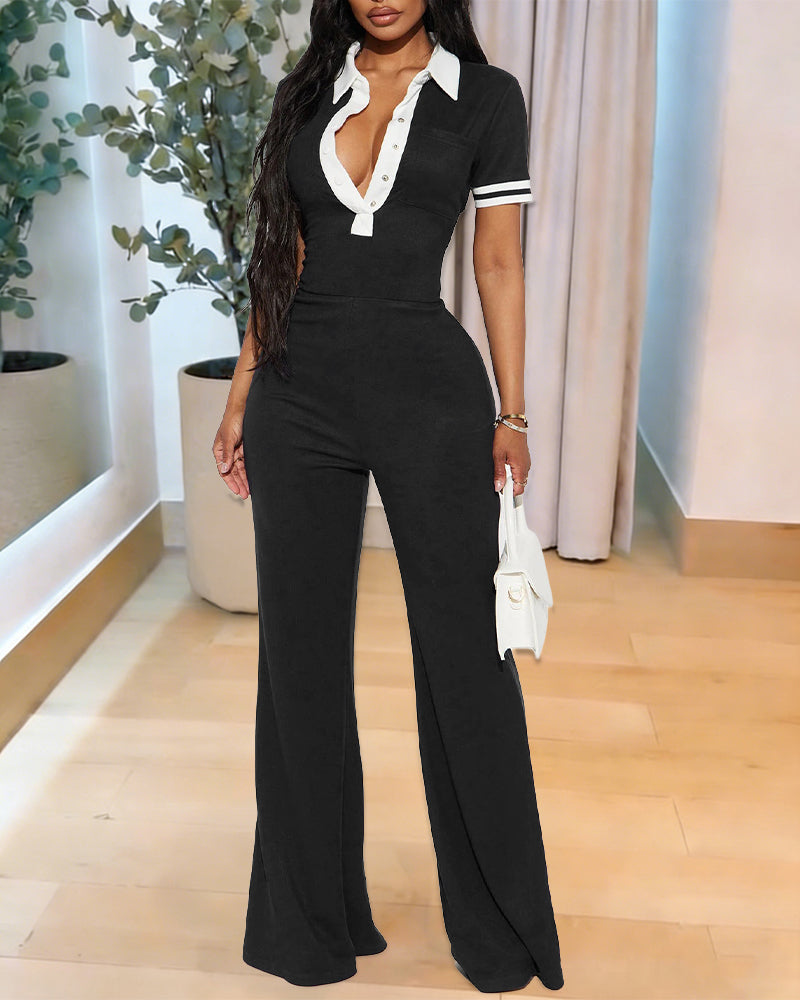Women's Contrast Polo Neck Jumpsuit Short Sleeve Bodycon Romper Flared Leg Overalls with Snap Button Placket - Image 4