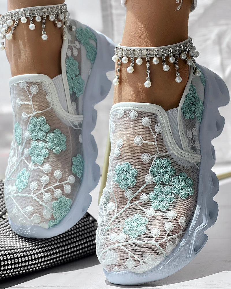 Floral Pattern Sheer Mesh Patch Round Toe Sneakers - Image 19