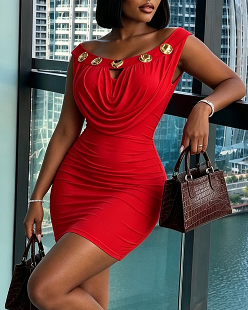 Women's Cowl Neck Bodycon Mini Dress Sleeveless Gold Button Ruched Party Dress - Image 4