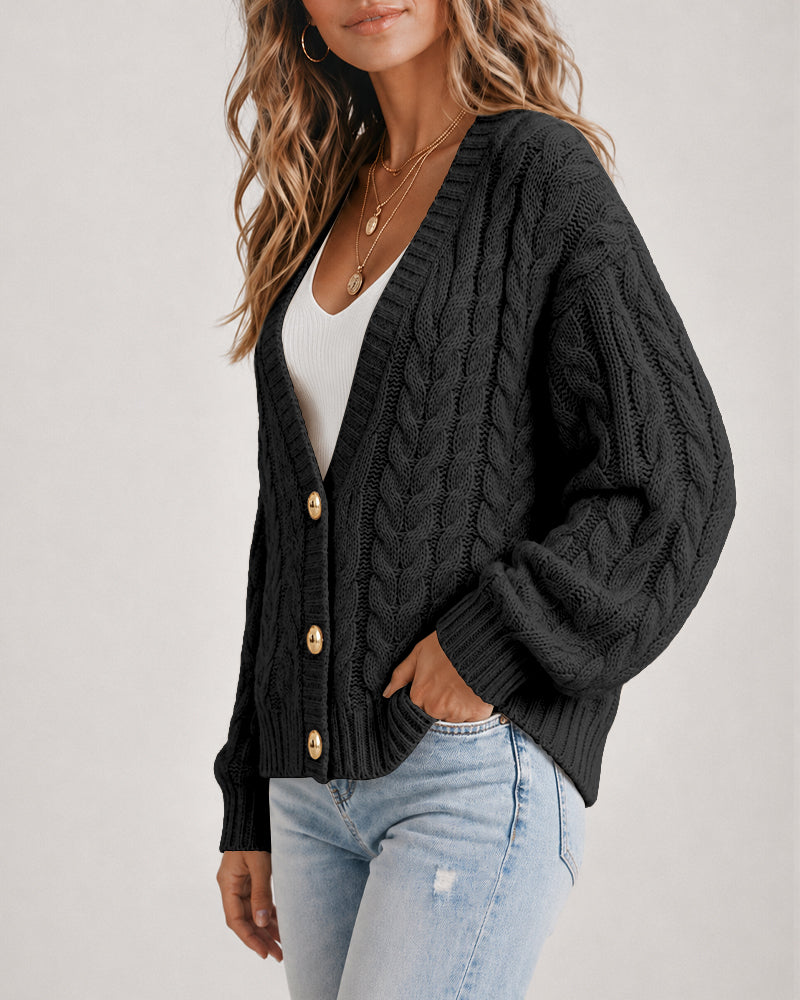 Women's Cable Knit Cardigan V Neck Button Down Chunky Knit Sweater Loose Lantern Sleeve Warm Outerwear - Image 9