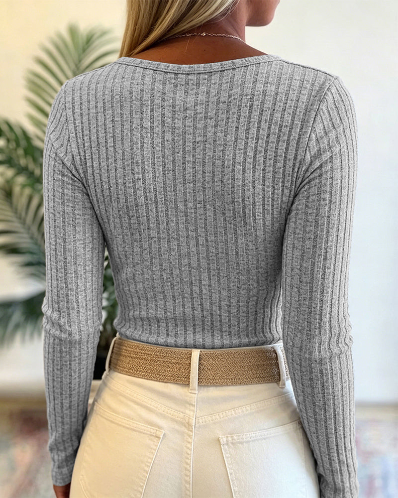 Women's Ribbed Henley Long Sleeve Knit Top Slim Fit Casual Pullover - Image 2