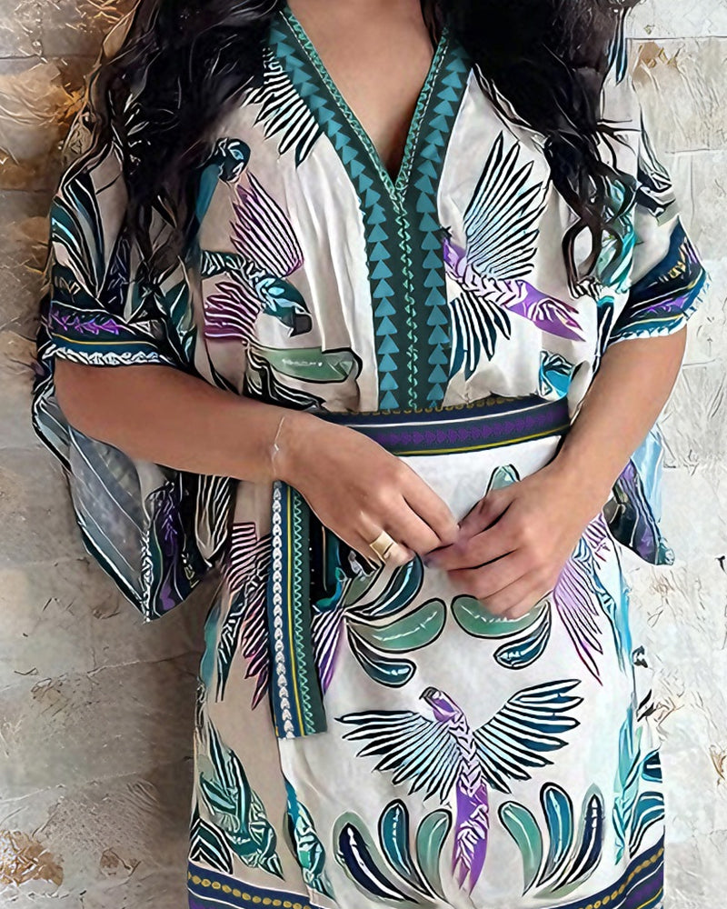 2 Pieces Outfit V-Neck Batwing Sleeve Bodysuit and Zipper Back Tie Waist Wrap Front Skirt Set Casual Animal & Plants Print Vacation Set - Image 5