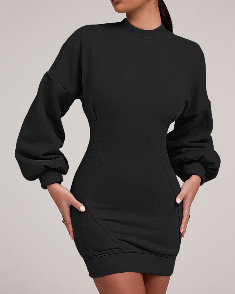 Lantern Sleeve Bodycon Pullover Sweatshirt Dress Crew Neck Mini Dress - Image 18