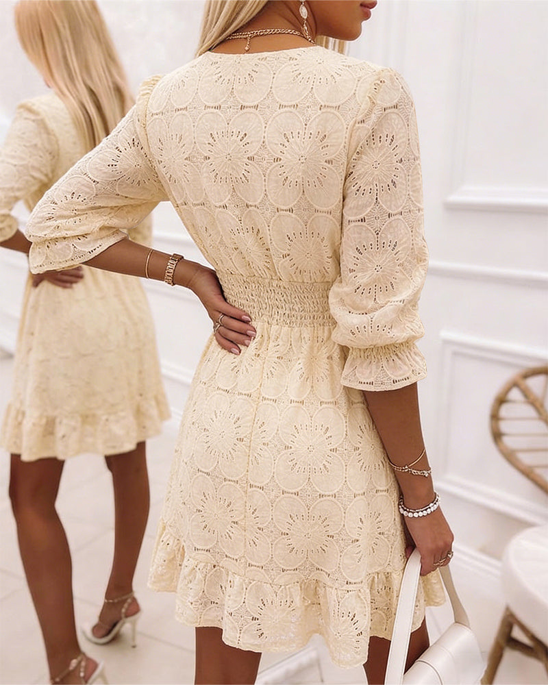 Women's Lace Overlap V-Neck Ruffle Hem Dress Shirred High Waist A-Line Party Dress Three Quarters Sleeve Vacation Dress - Image 2