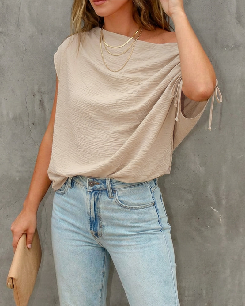 Skew Neck Drawstring Sleeve Loose Fit Casual Top - Image 4