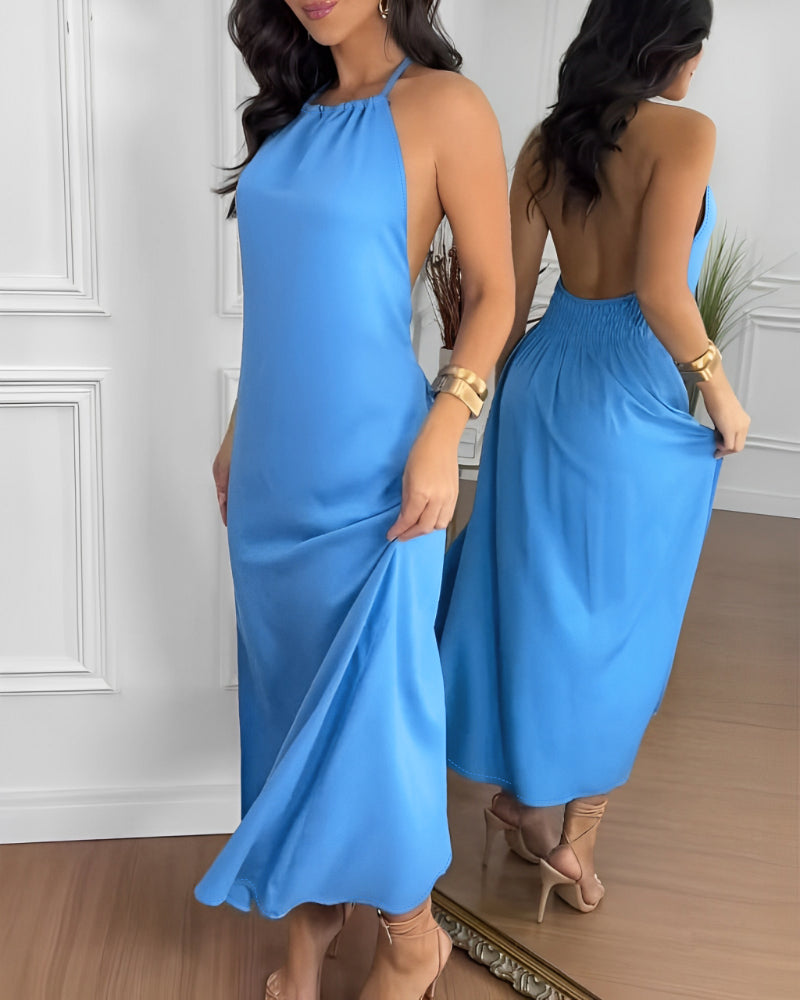 Halter Sleeveless Backless Maxi Dress Casual Shirred Back Side Slit Vacation Dress - Image 9