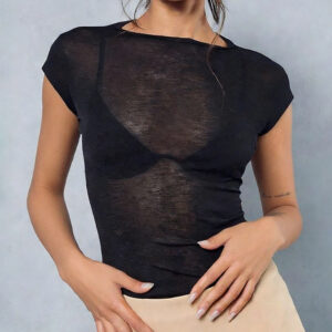 Round Neck Cap Sleeve Semi-Sheer Minimalist Slim Fit Top