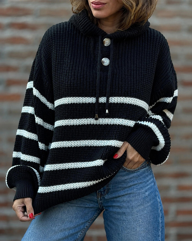 Women's Striped Henley Drawstring Hooded Sweater Loose Fit Lantern Sleeve Knit Pullover - Image 14