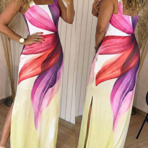 Women's Floral Print Maxi Dress Square Neck Thick Strap Sundress Casual Side Slit Vacation Dress with Pockets