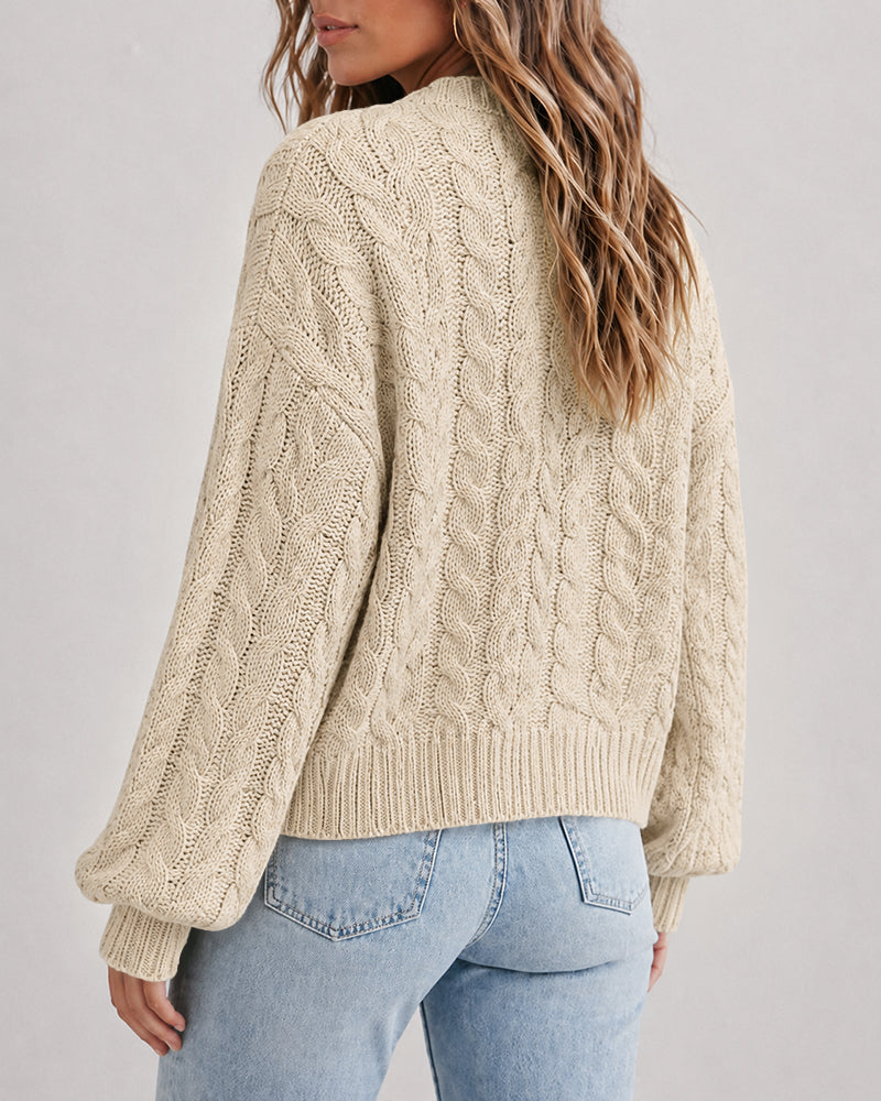 Women's Cable Knit Cardigan V Neck Button Down Chunky Knit Sweater Loose Lantern Sleeve Warm Outerwear - Image 2