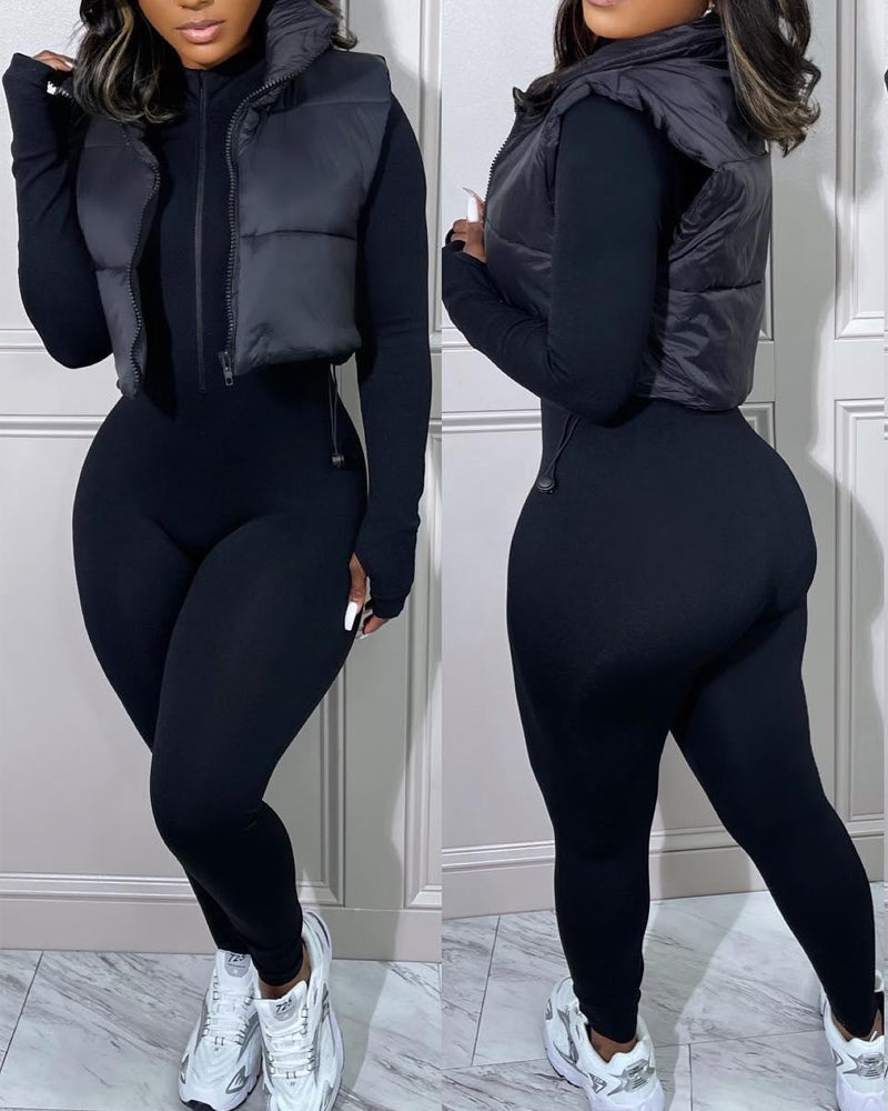 Stand Collar Zip Up Lightweight Cropped Puffer Vest Sleeveless Drawstring Hem Padded Coat - Image 2