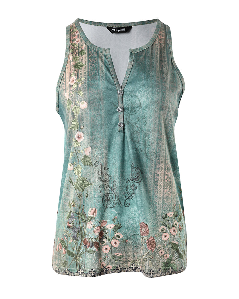 CHICME Women's Casual Floral Print Tank Top Sleeveless Notch Neck Vest with Rhinestone Accents - Image 3