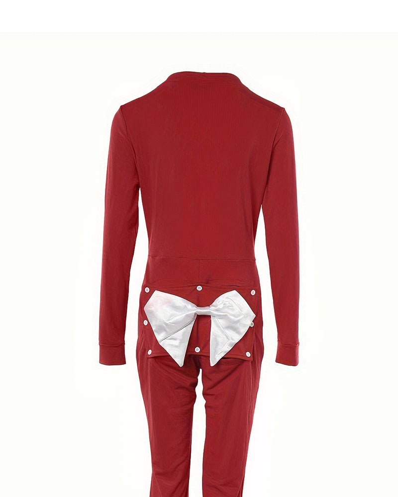 Plunge Long Sleeve Bowknot Decor Functional Onesie - Image 5
