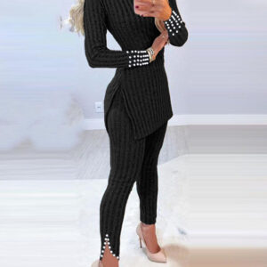 2 Piece Outfits Long Sleeve Beaded Side Slit Knit Top High Waist Skinny Pants Lounge Sets