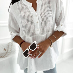 Notch Neck Roll Up Sleeve Lace Overlay Shirt Half Button Front Ruffle Hem Casual Top