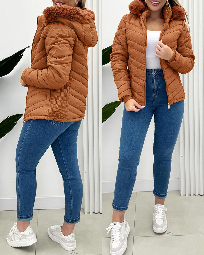 Zipper Pocket Design Shirred Fuzzy Trim Fleece Lined Hooded Puffer Jacket - Image 12