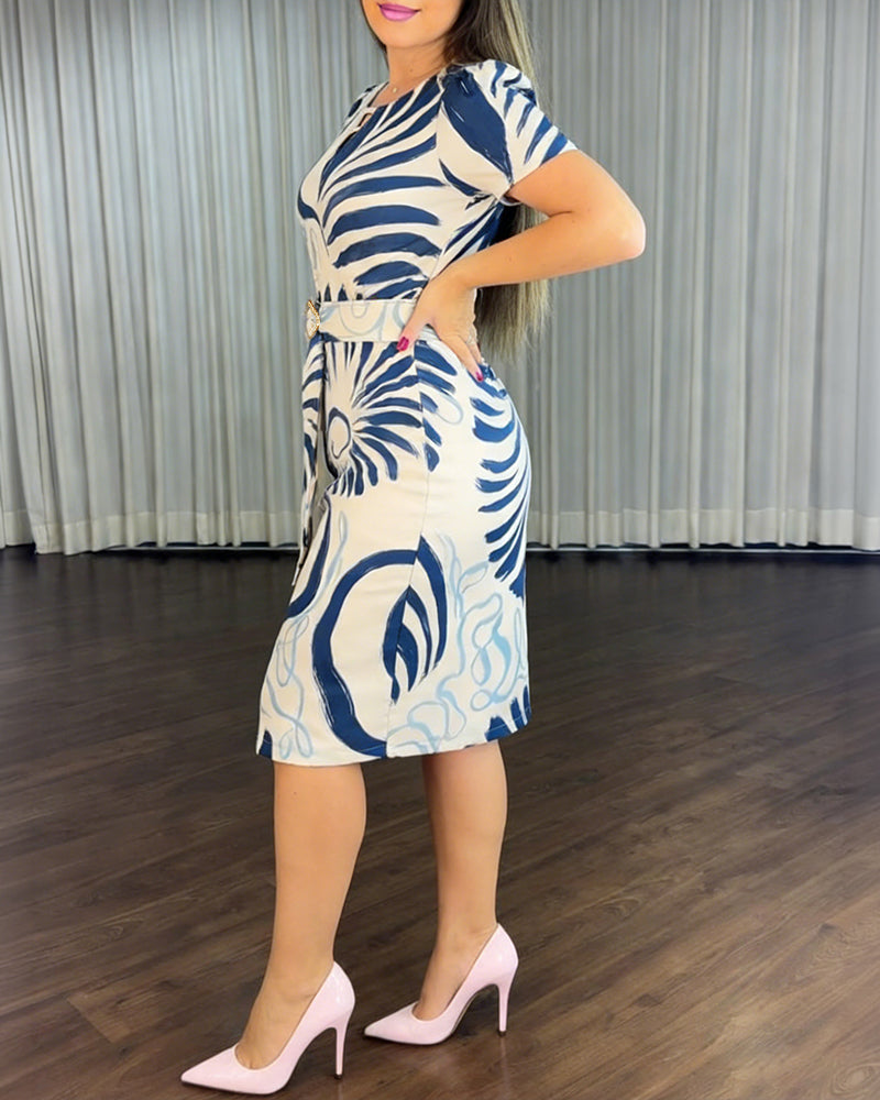 Abstract Print Short Sleeve Hollow-out Front Midi Dress with Belt - Image 3