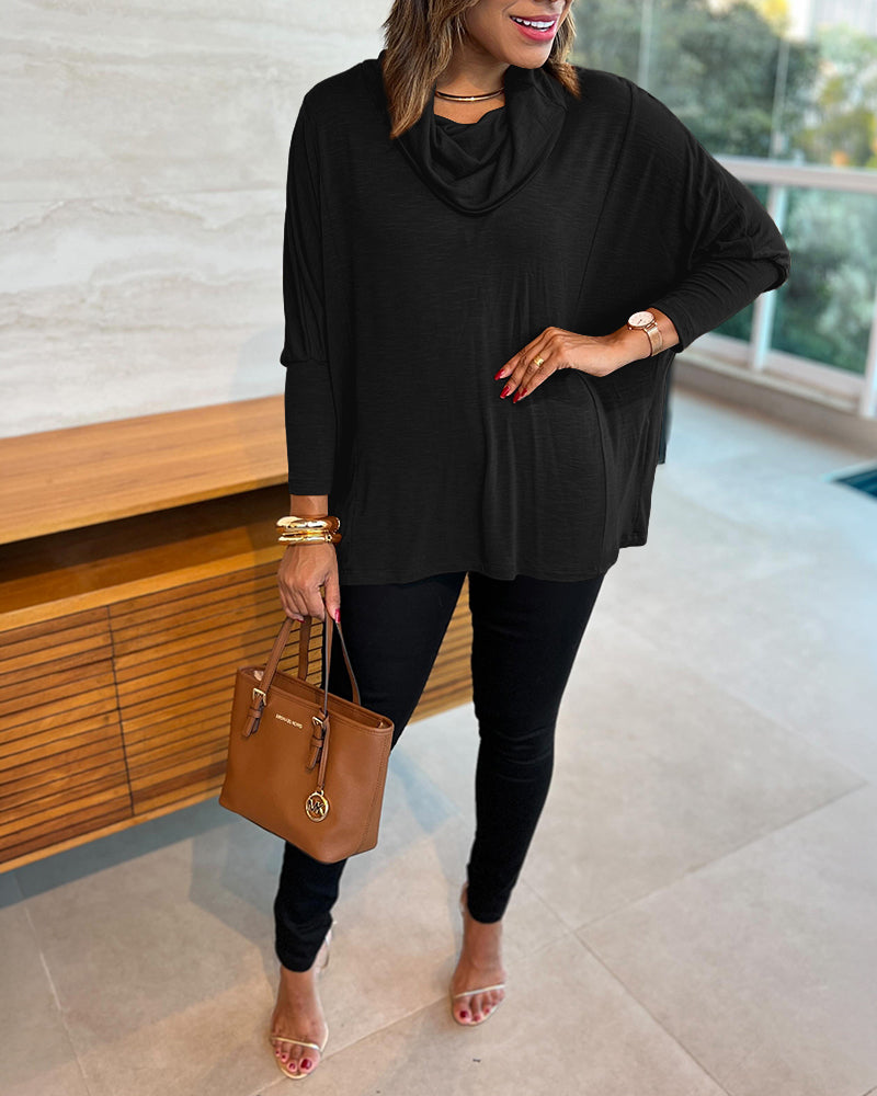 Women's Cowl Neck Batwing Sleeve Top Casual Long Sleeve Loose Pullover Comfortable Soft Drape Blouse - Image 23