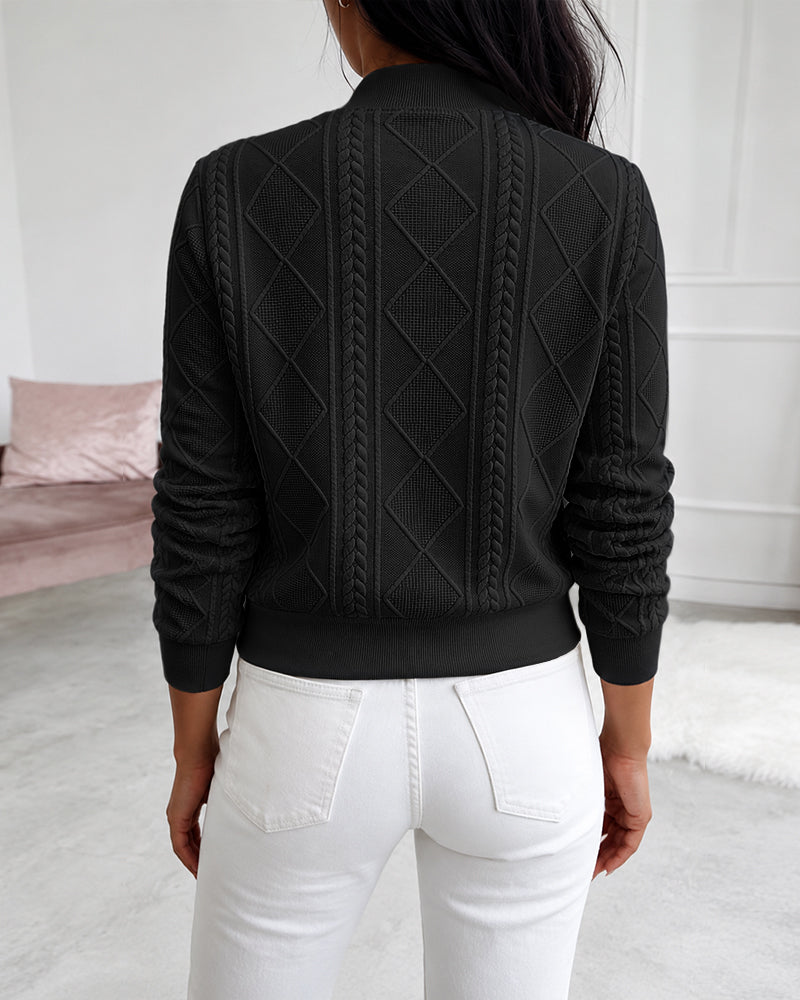 Women's Vintage Cable Knit Bomber Jacket Casual Argyle Zip Up Crop Coat with Pockets - Image 7