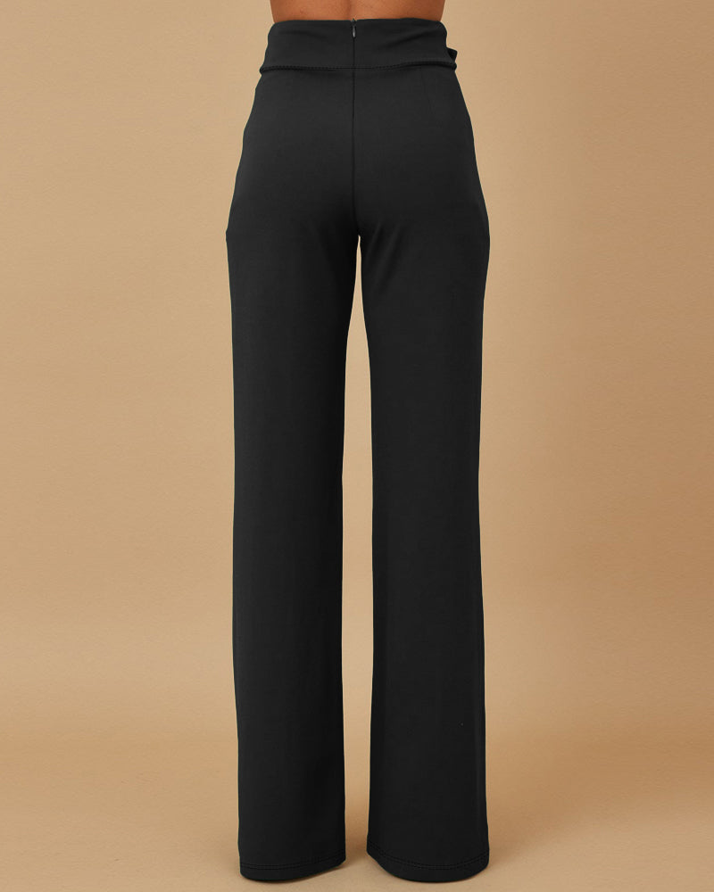Metal Button Decor High Waist Casual Straight Leg Work Pants - Image 18