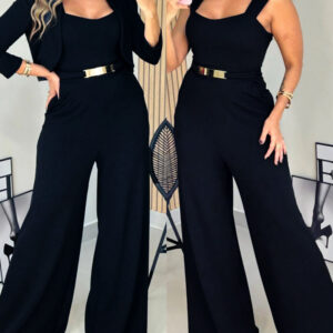 2 Pieces Outfit Metal Decor Square Neck Thick Strap Zipper Back Cinched Waist Wide Leg Jumpsuit And Casual Crop Cardigan Set