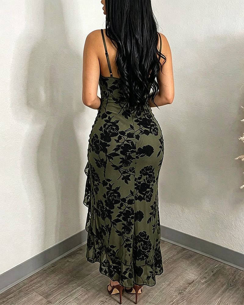 Women's Vintage Flocking Floral Maxi Dress Sexy Cowl Neck Cami Dress High Slit Backless Bodycon Evening Gown - Image 15