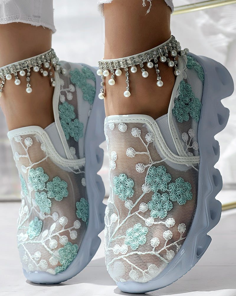 Floral Pattern Sheer Mesh Patch Round Toe Sneakers - Image 18