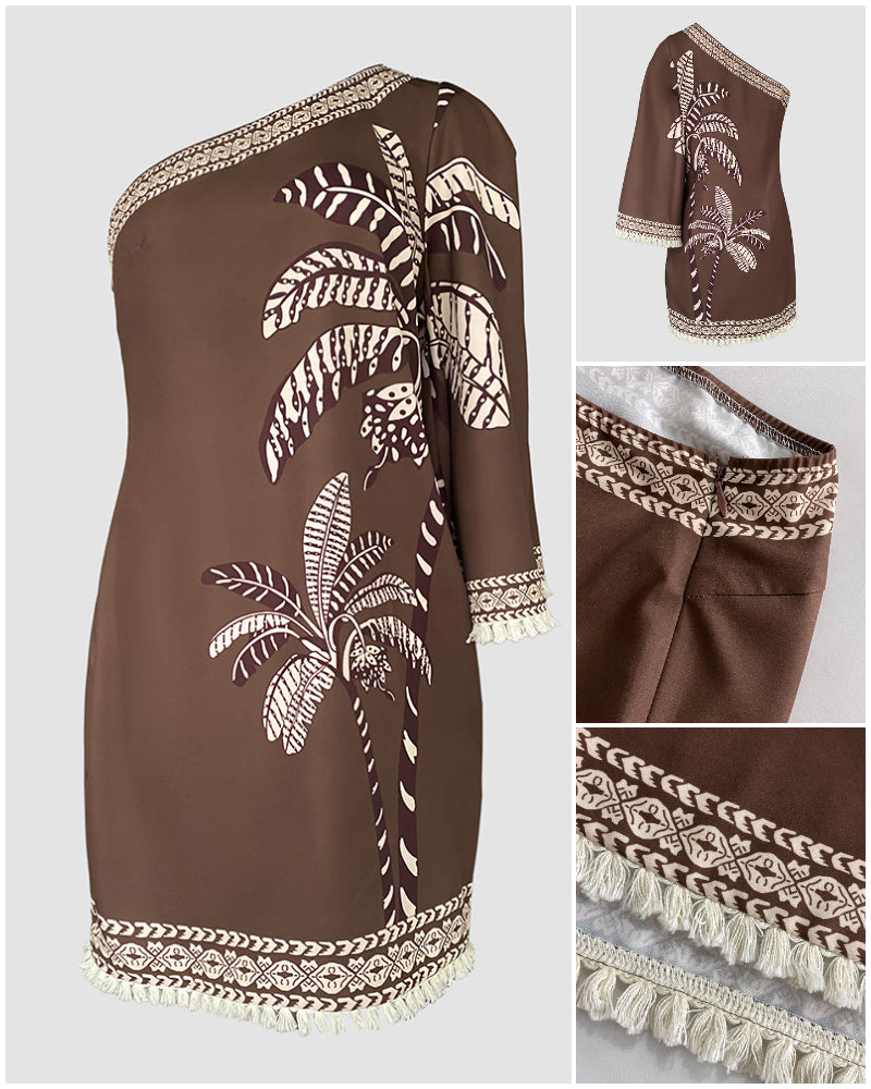 Women's Tropical Print One Shoulder Mini Dress Three Quarters Sleeve Fringe Hem Vacation Dress - Image 5