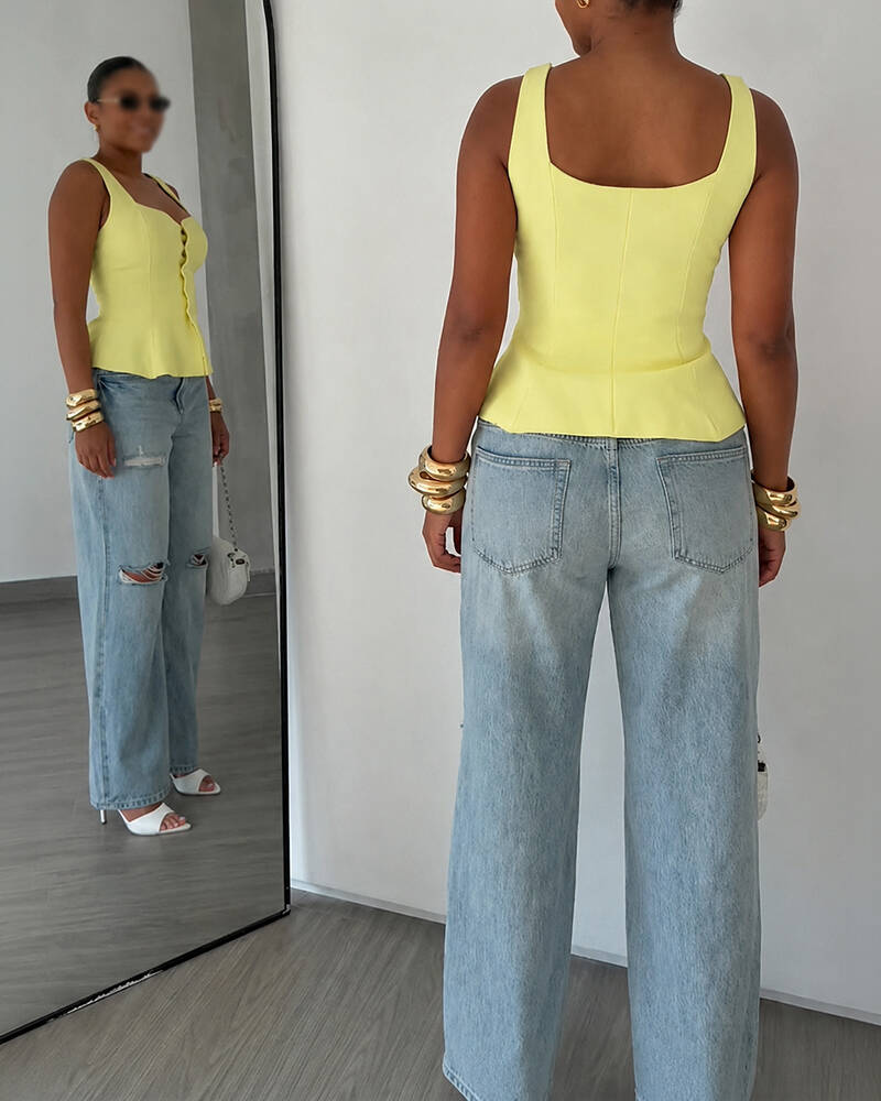 Women's Square Neck Knit Tank Top Gold Button Cinch Waist Peplum Vest - Image 2