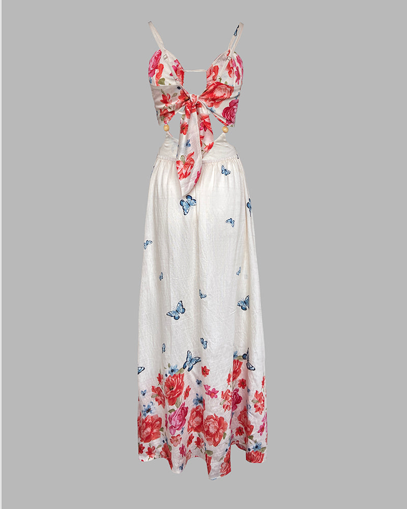 Women's Floral Butterfly Print Maxi Dress Backless Cutout Cami Sundress Ruched Tied Detail Flowy Vacation Dress - Image 5